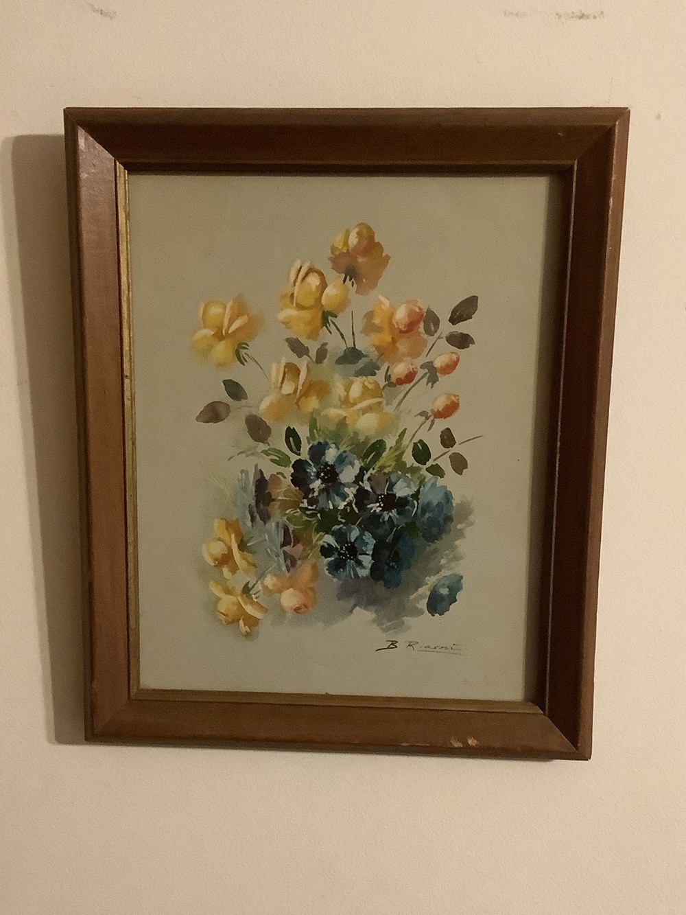 Blue and Yellow Floral Wall Art Print in Wood Frame